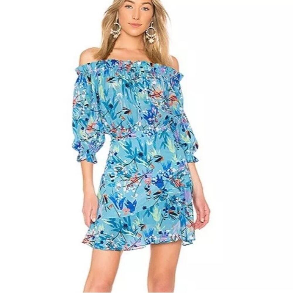 Saloni Grace Floral Blue Bell Off Shoulder Silk Dress Lined